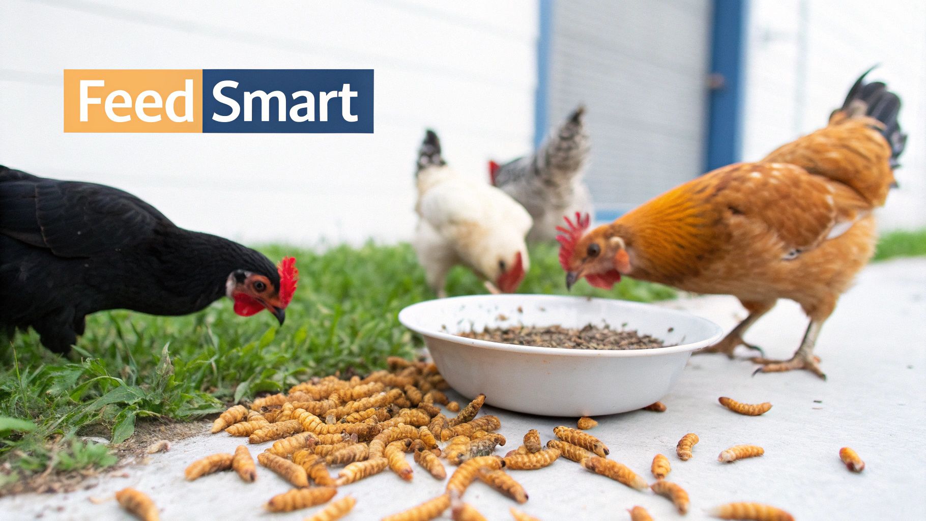 A person's hand feeding grub worms to chickens in a coop
