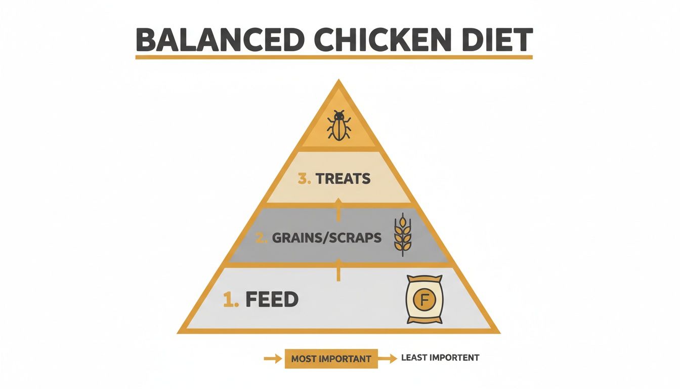 A pyramid graphic illustrates a balanced chicken diet, from most important feed to least important treats.