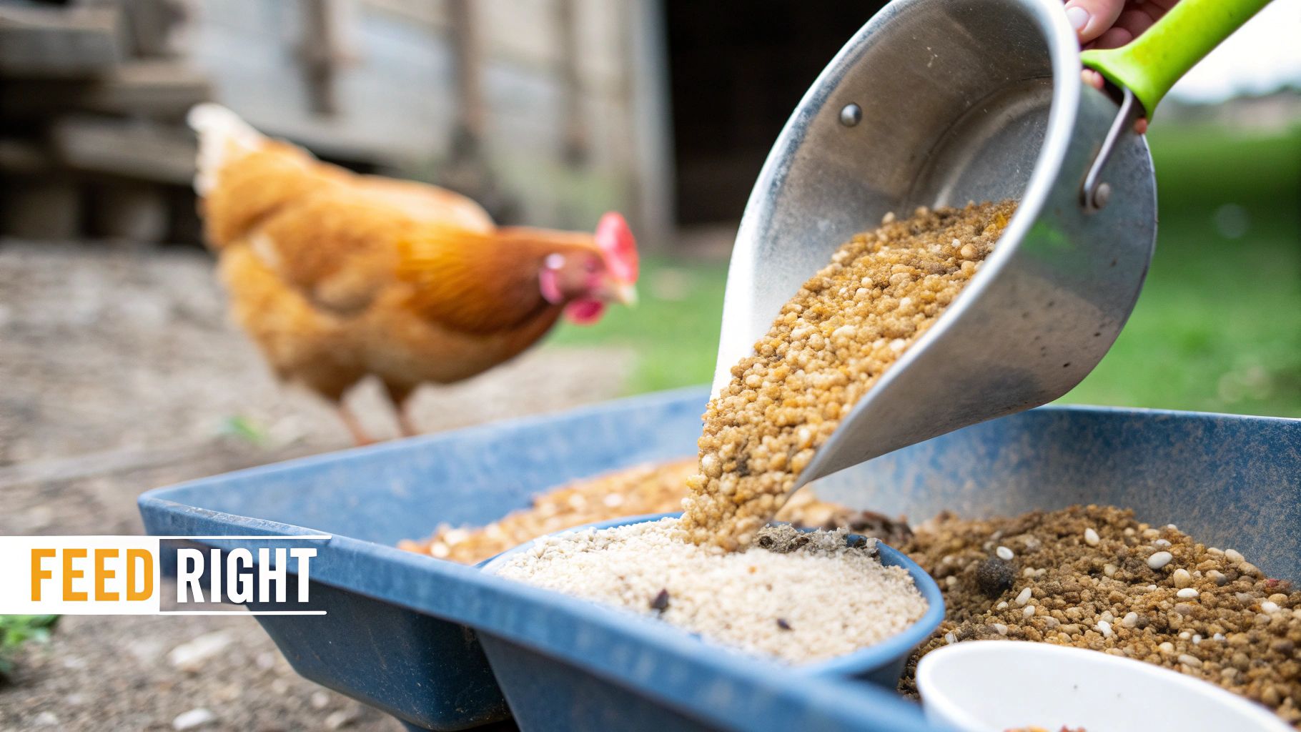 A close-up of a chicken eating from a feeder filled with quality layer pellets and grains.