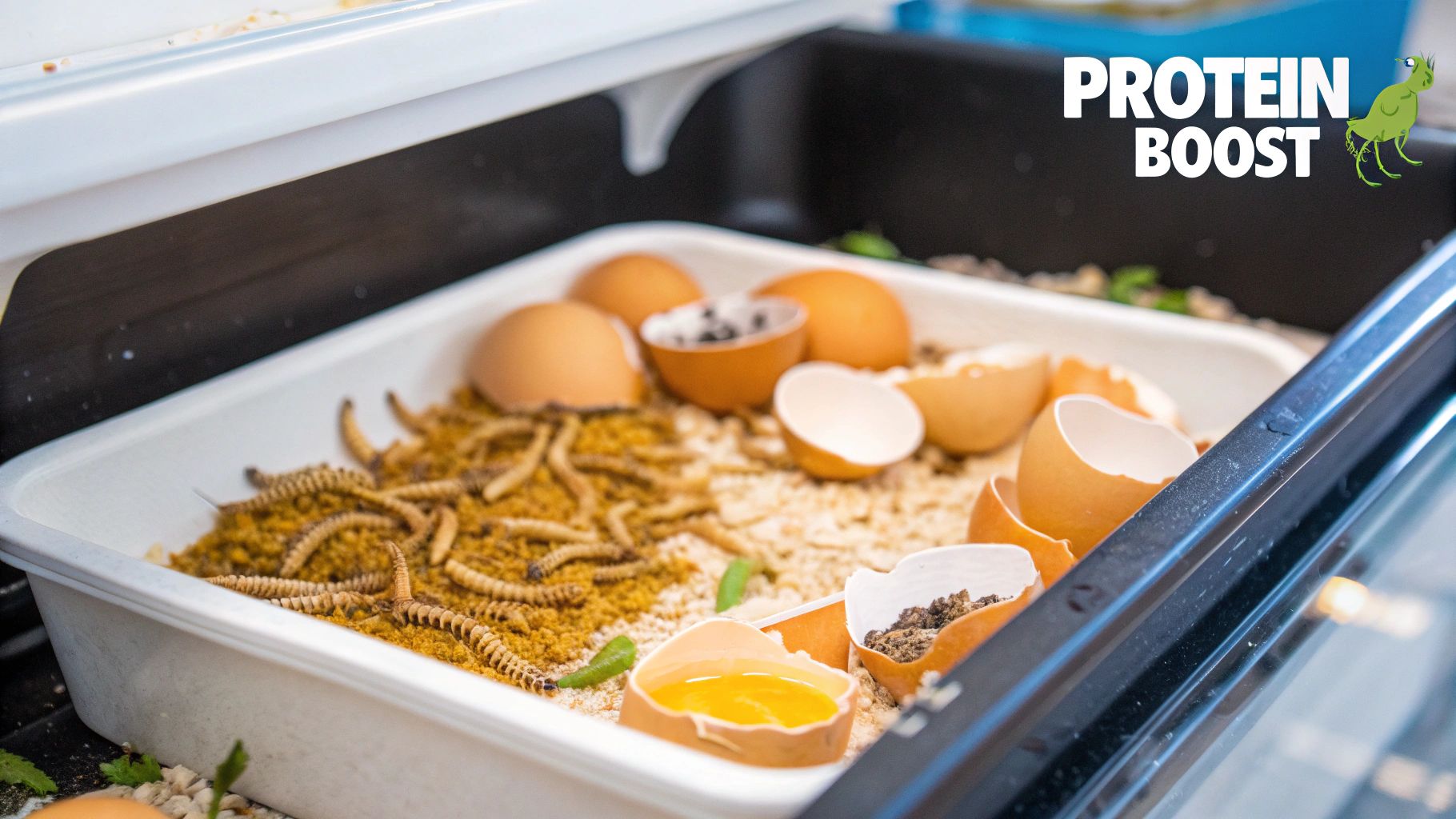 Close-up of golden Black Soldier Fly Larvae, highlighting their texture and quality as a premium chicken supplement.