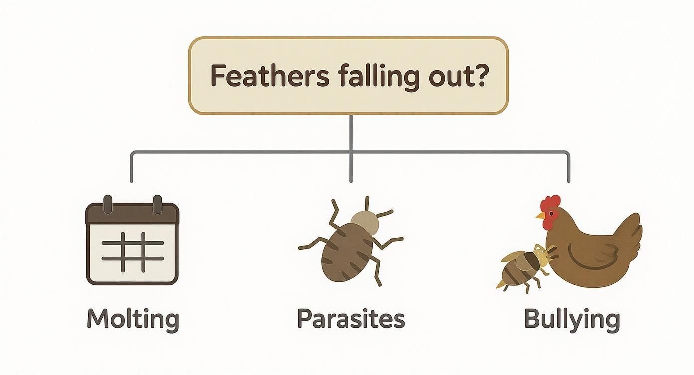 Diagram showing three causes of chicken feather loss: molting, parasites, and bullying behavior