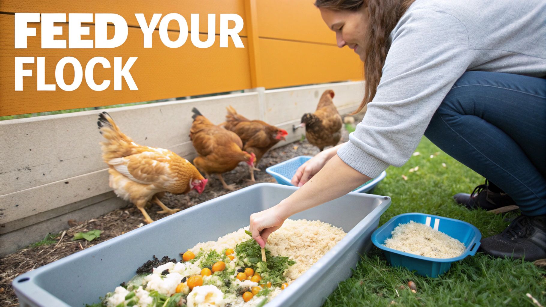 A woman stirs a large bin of food scraps and grain for a flock of brown chickens.
