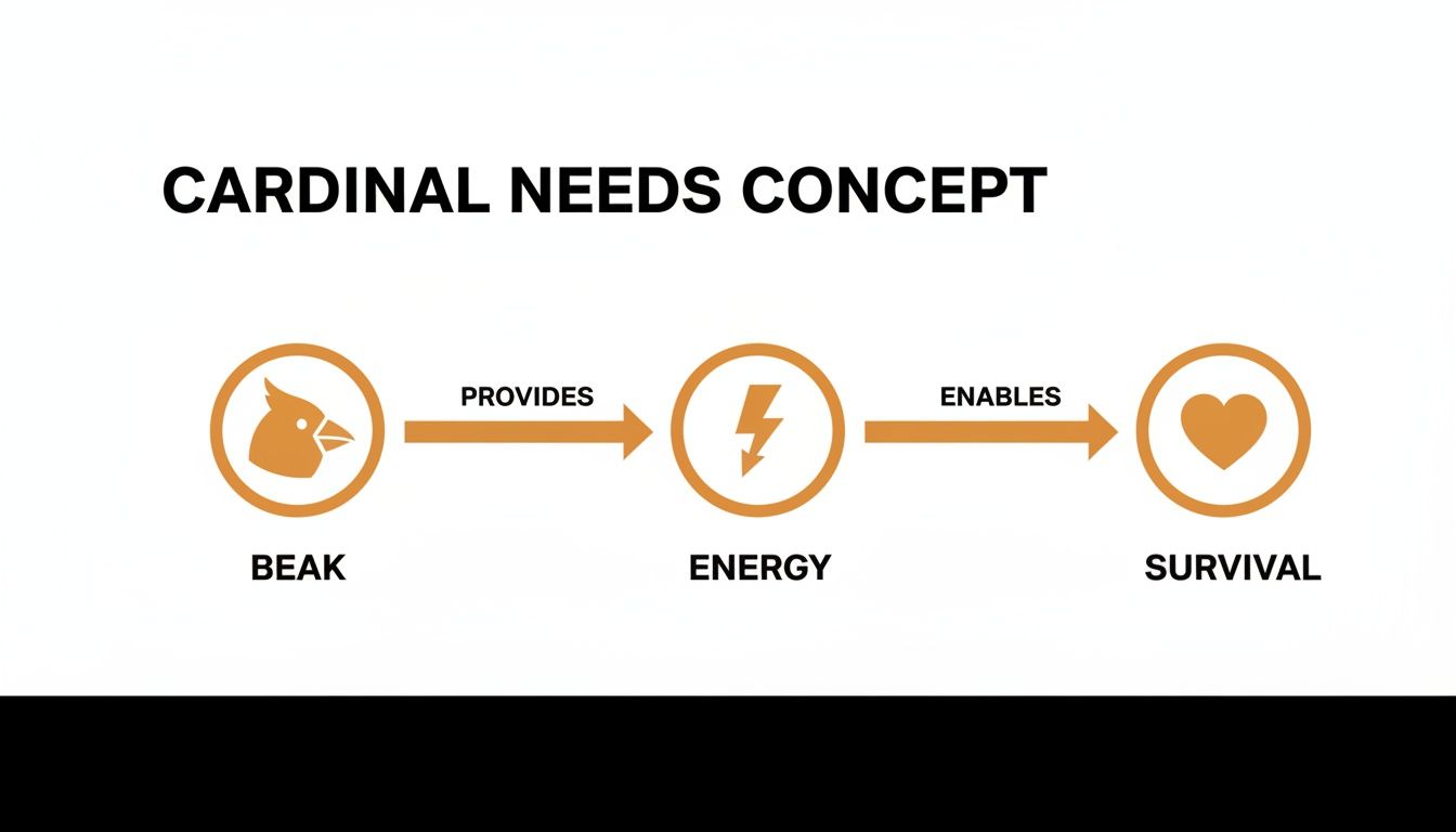 A diagram illustrating the 'Cardinal Needs Concept' where a beak provides energy for survival.