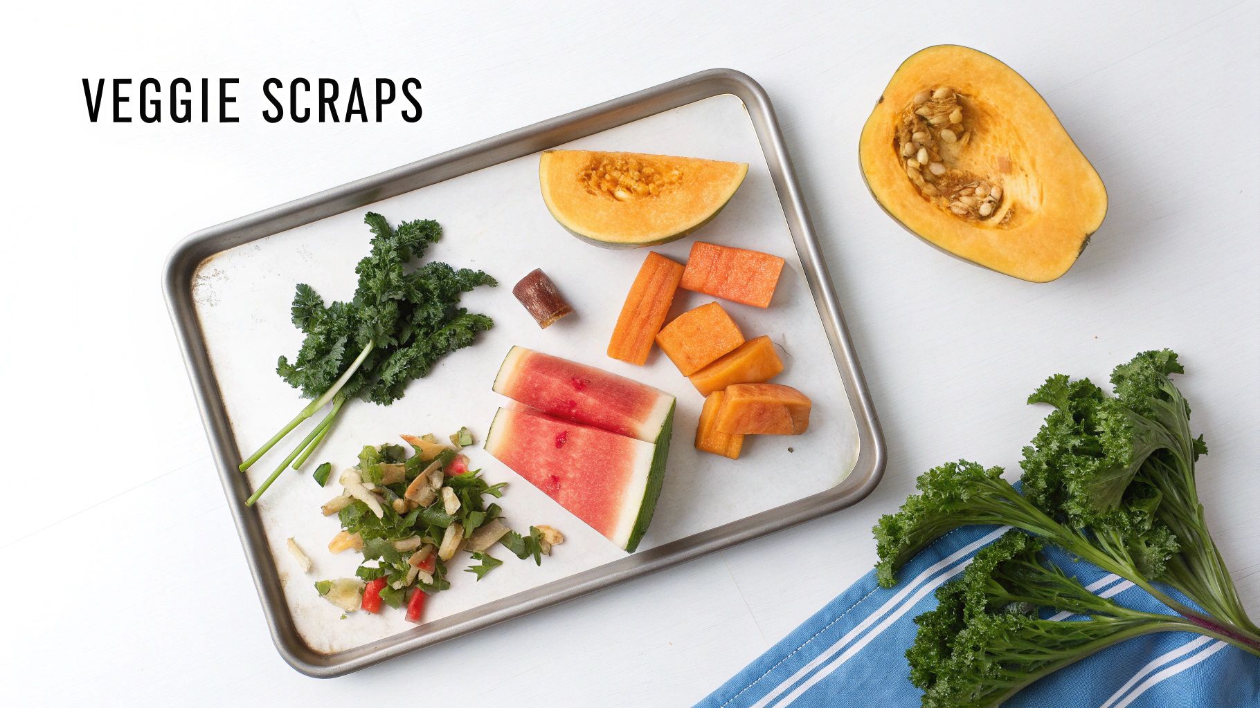 A baking sheet filled with various vegetable and fruit scraps, including kale, watermelon, carrots, and squash.