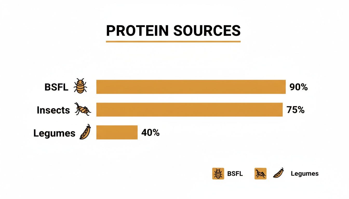 Bar chart illustrating protein sources: BSFL at 90%, insects at 75%, and legumes at 40%.