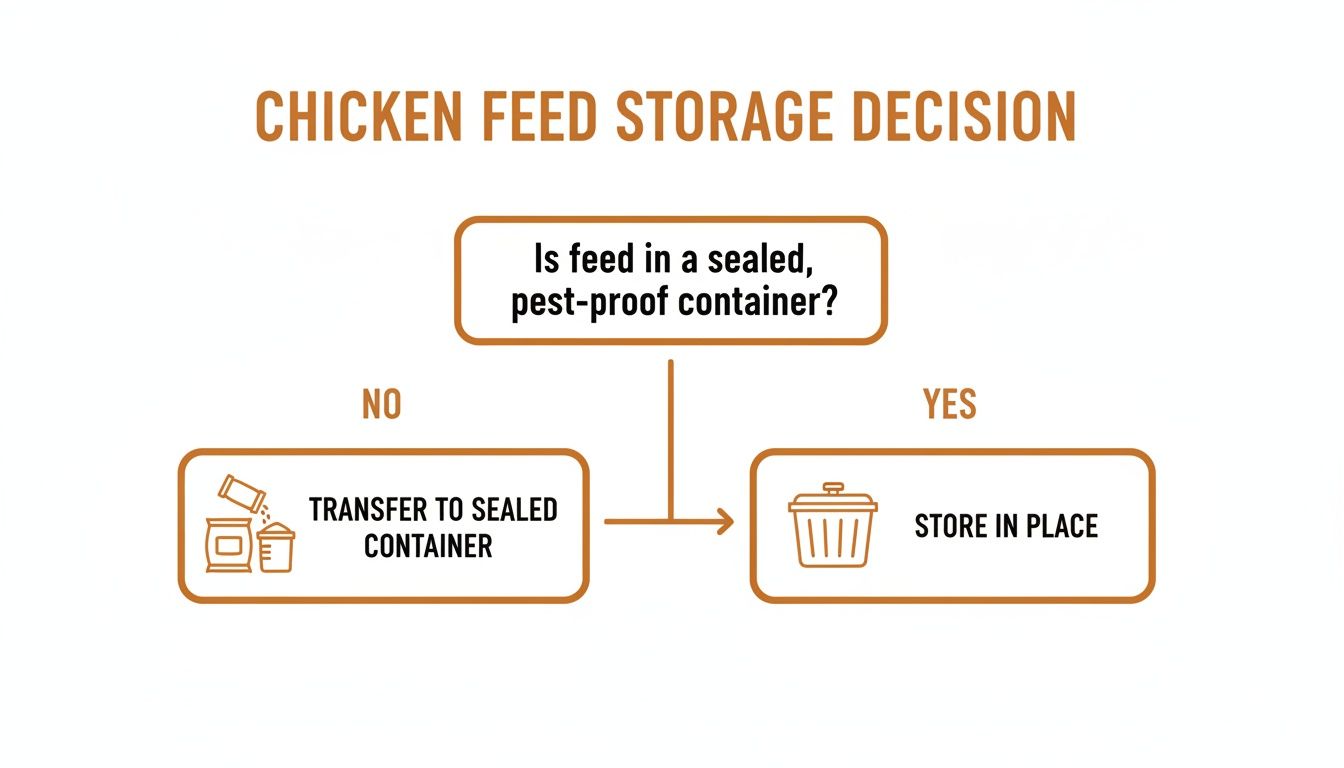 Flowchart illustrating chicken feed storage decisions: check if feed is in a sealed, pest-proof container.