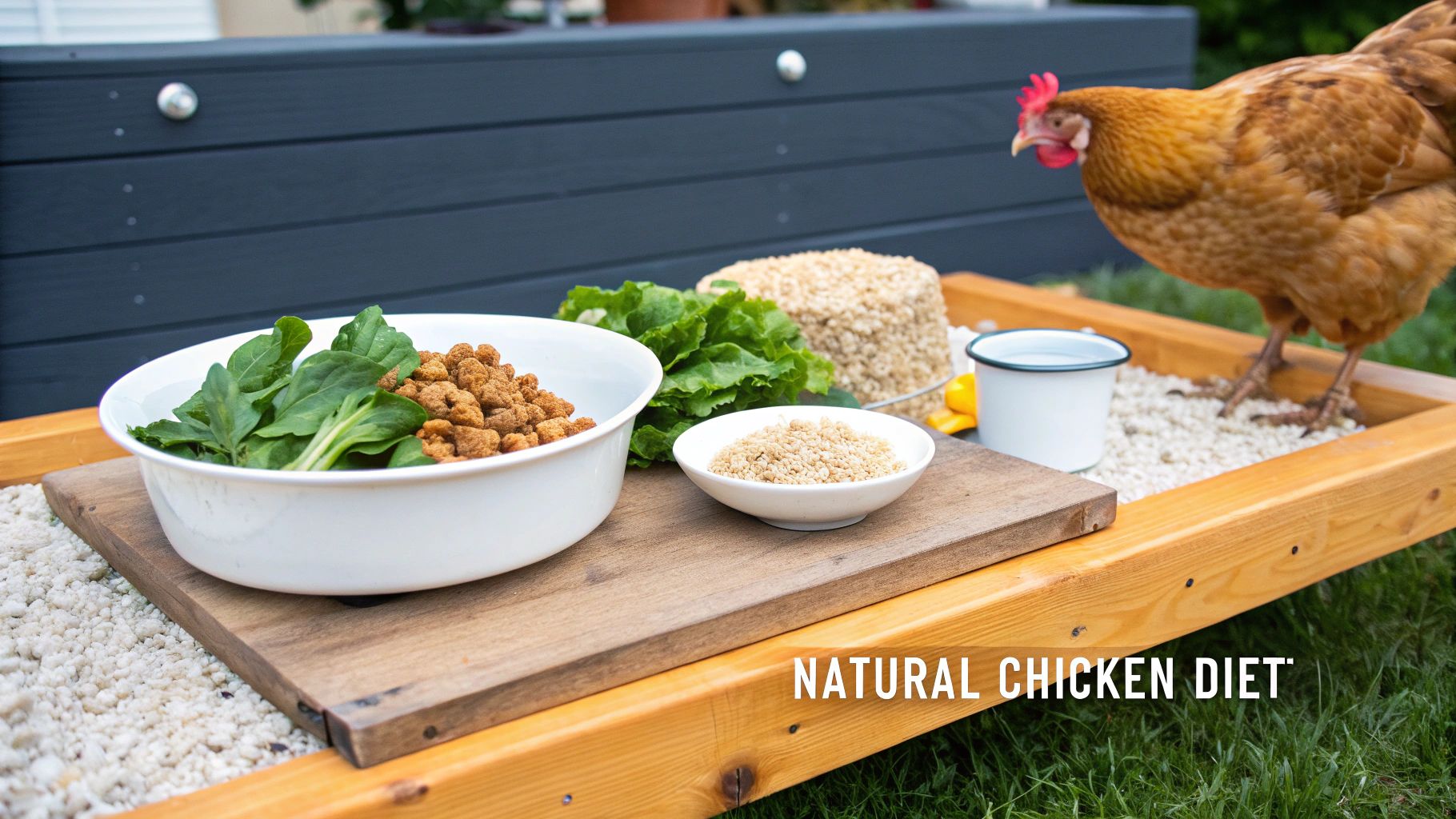 A brown chicken stands beside a natural diet of greens, pellets, and grains on a wooden feeder.
