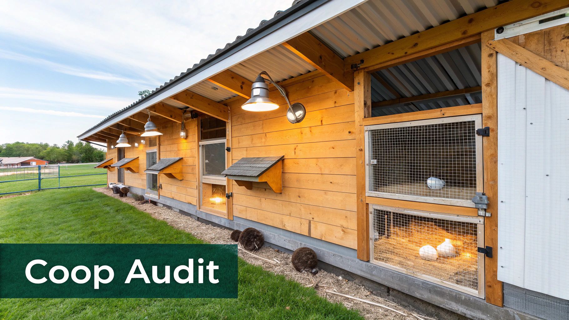 A clean, well-lit chicken coop with nesting boxes and fresh bedding.