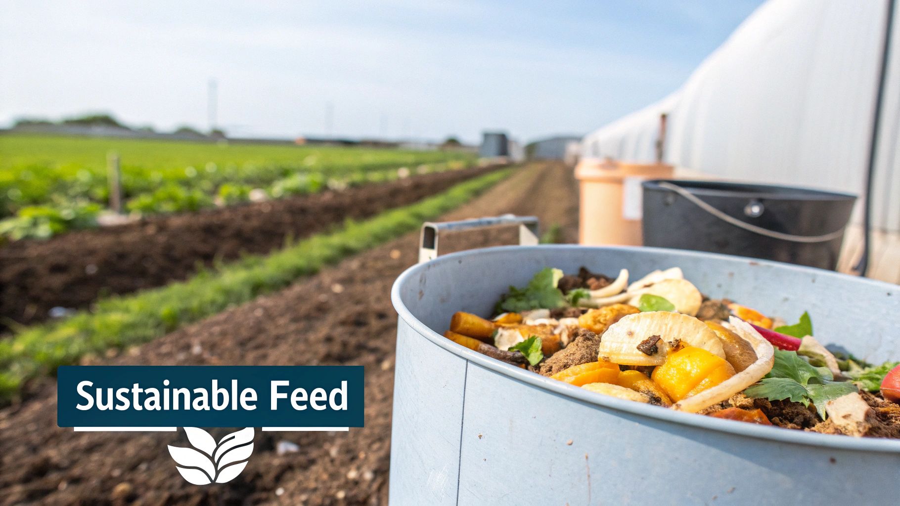 A bucket of food scraps and organic waste for sustainable feed in a farm setting.