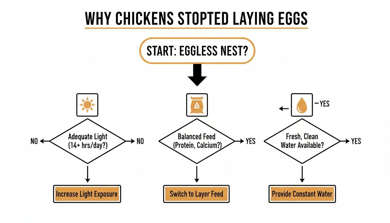 Flowchart explaining why chickens stop laying eggs, addressing light, balanced feed, and fresh water.
