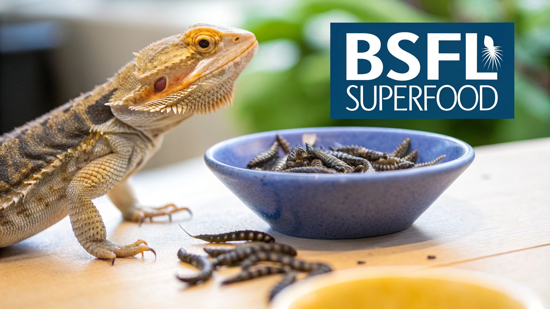 A bearded dragon observes a blue bowl of black soldier fly larvae (BSFL) superfood on a wooden table.
