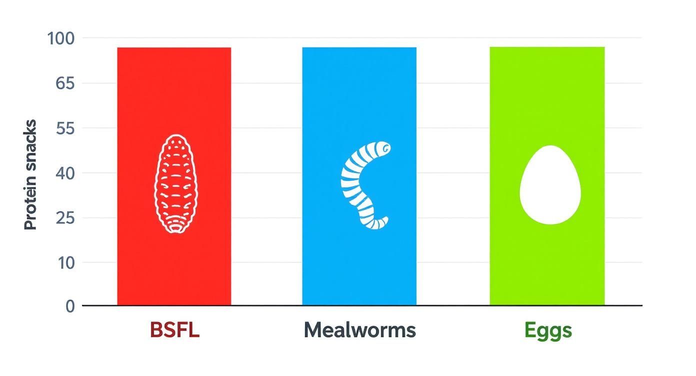 Bar chart comparing protein snack values for BSFL, Mealworms, and Eggs, all scoring high.