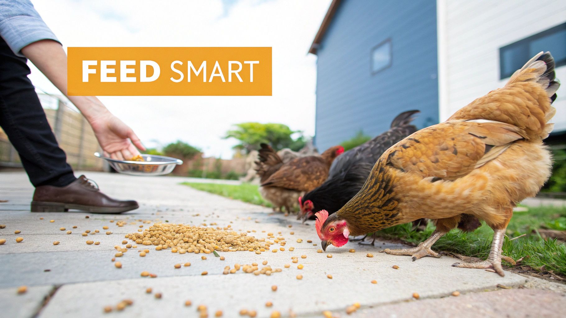 A person feeding a group of chickens scattered feed on a paved surface outdoors.