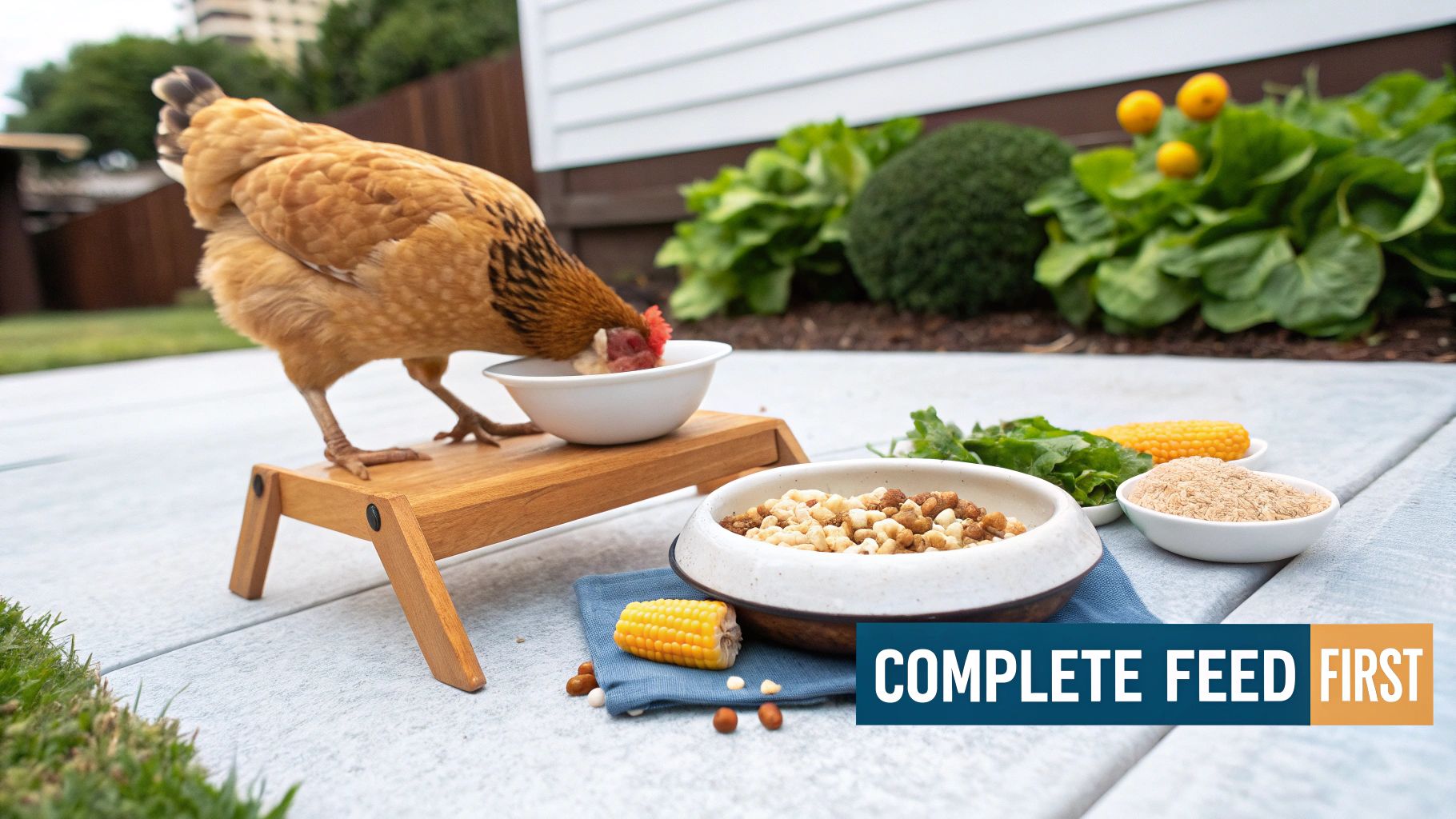 A brown hen eats from a raised feeder with various nutritious feeds, corn, and greens nearby.