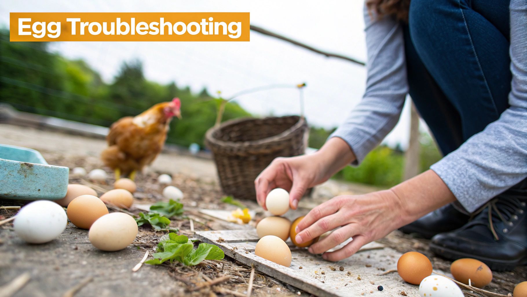 A hen sitting protectively on a nest of eggs in a straw-filled coop.