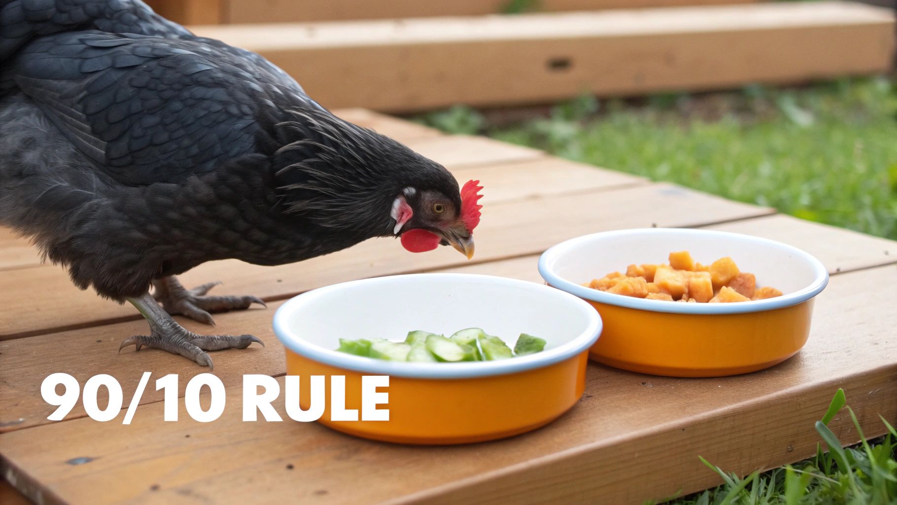 A black chicken pecking at green vegetables and diced orange food in two bowls on a wooden surface, with '90/10 RULE' text.