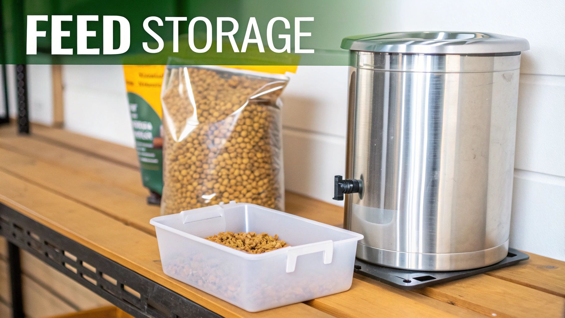 Chicken feed being scooped from a metal storage can