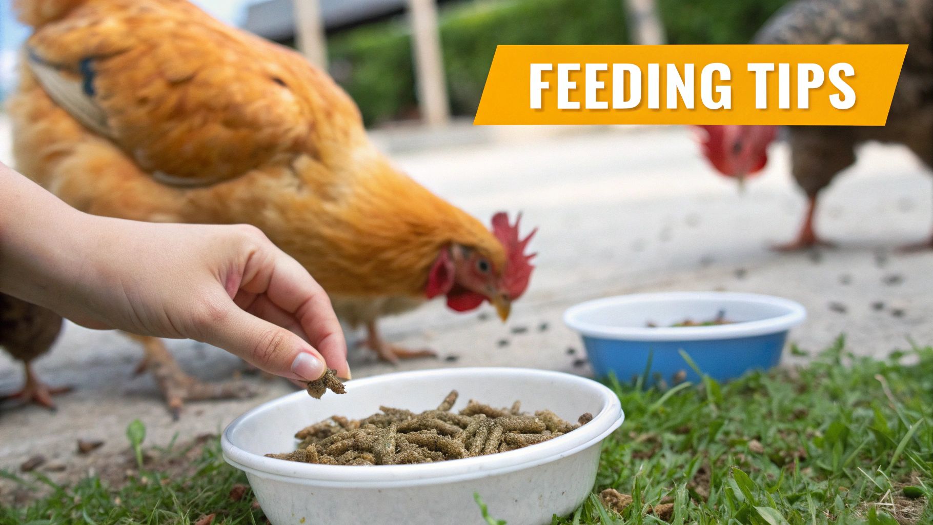 A hand offers feed from a white bowl to chickens on grass, with a 'FEEDING TIPS' banner.