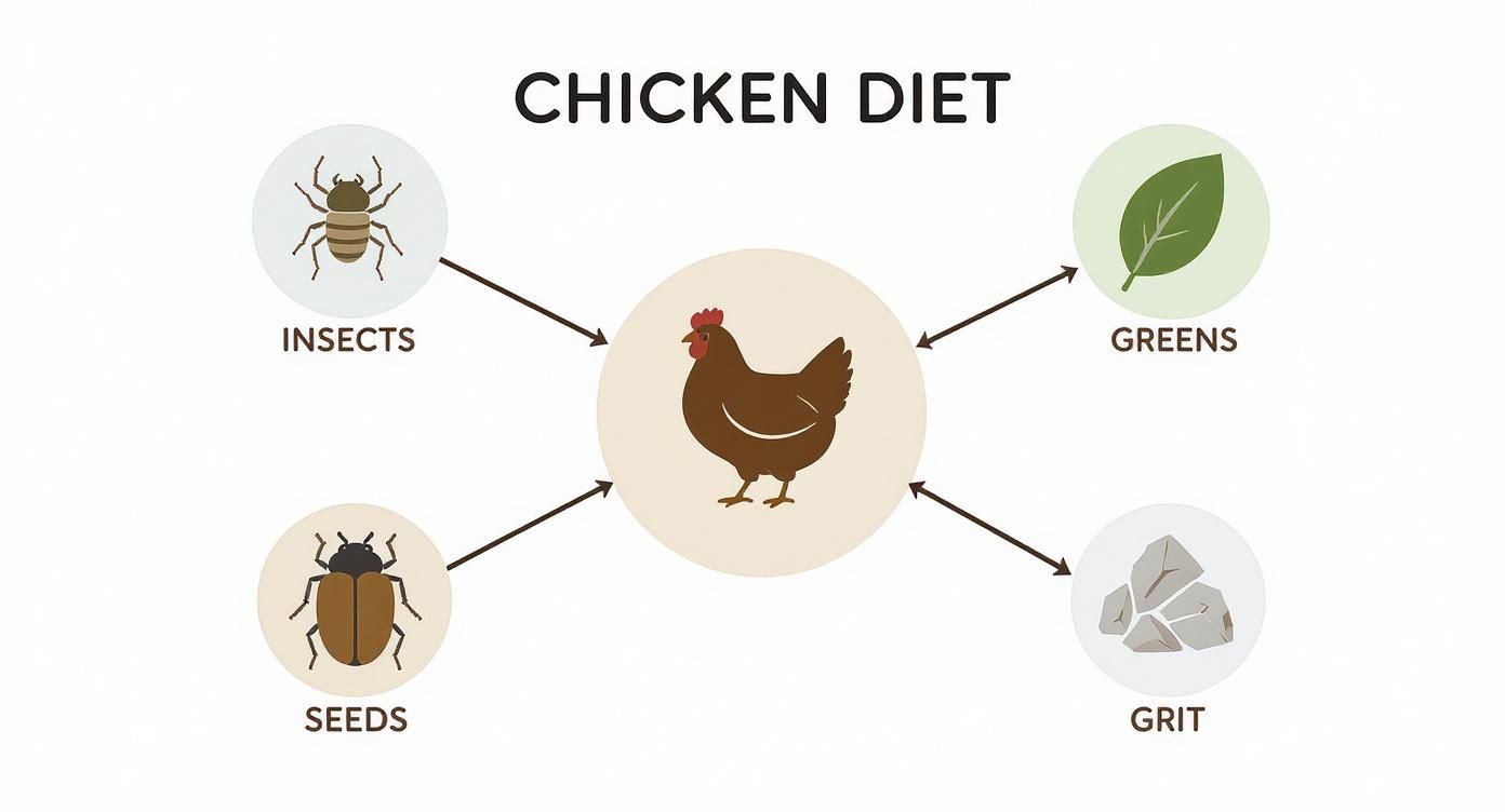 Diagram showing chicken diet components including insects, greens, seeds, and grit with arrows pointing to chicken