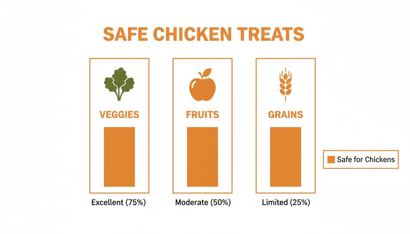 Bar chart illustrating safe chicken treats: Veggies (75%), Fruits (50%), and Grains (25%).