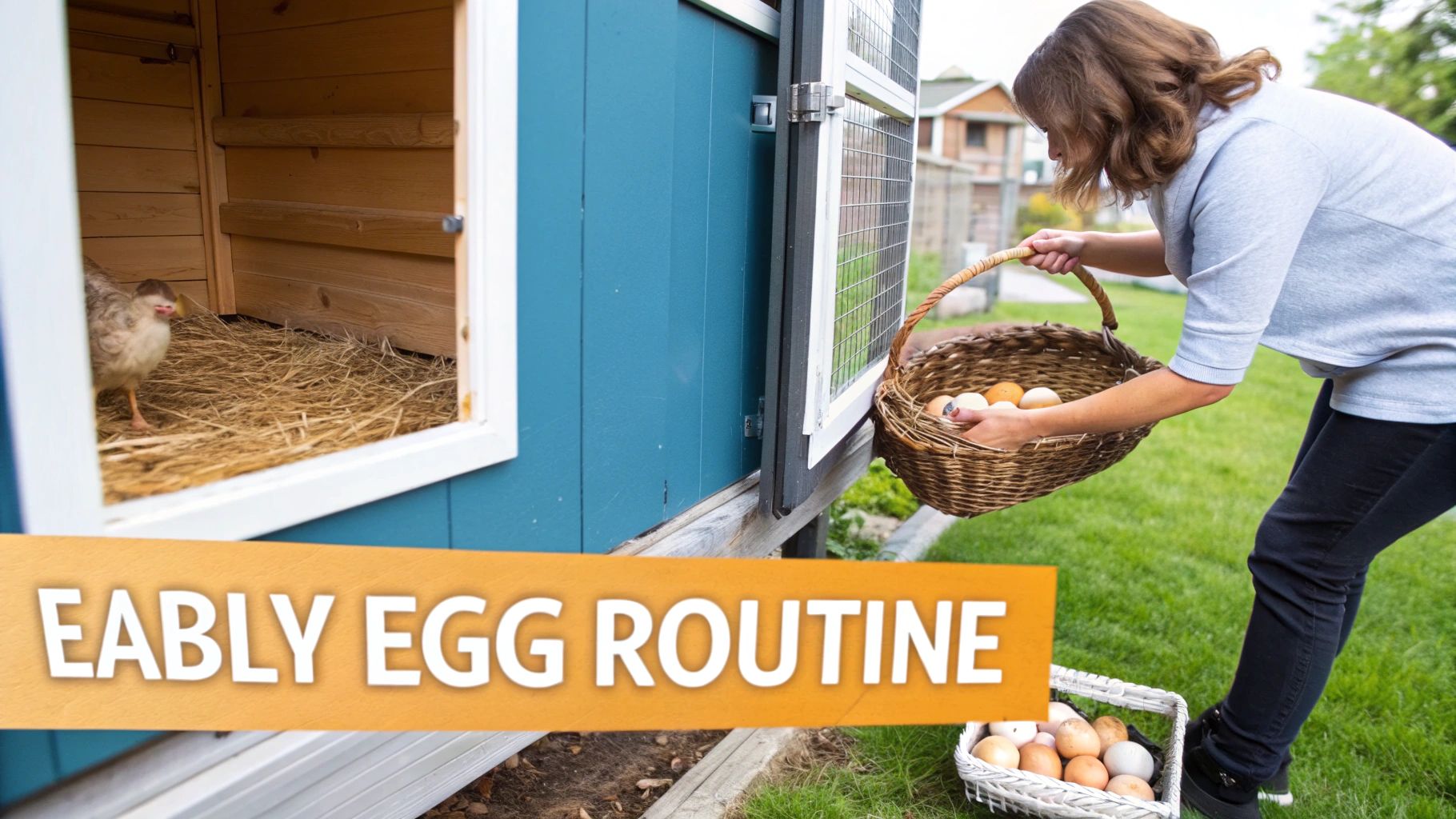 A person calmly collecting fresh brown eggs into a wire basket inside a chicken coop.
