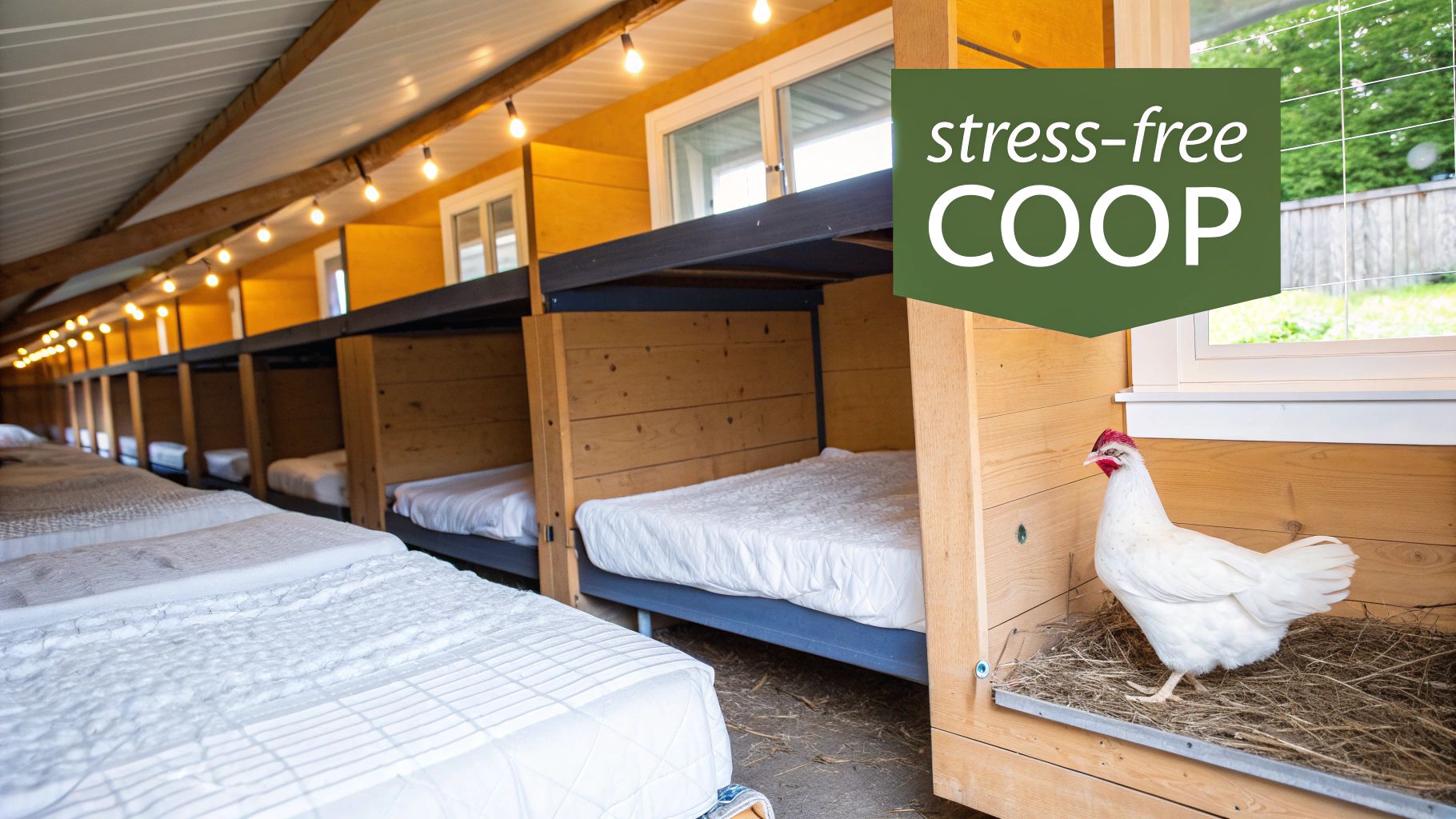 Modern chicken coop interior with individual beds, nesting boxes, string lights, and a white hen.