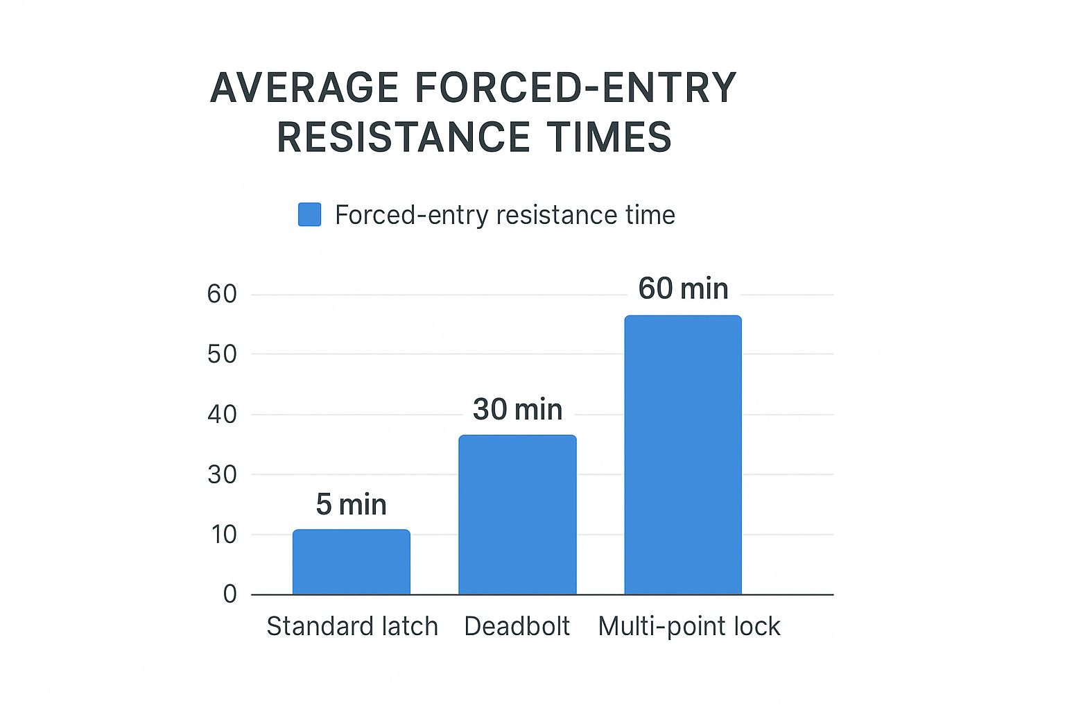 Infographic comparing the forced-entry resistance times of a standard latch, a deadbolt, and a multi-point lock.