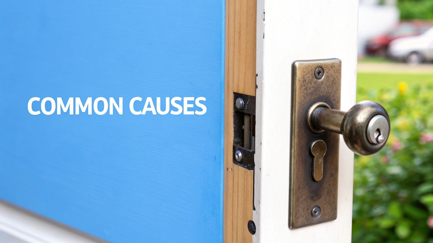 A person applying lubricant to a door lock cylinder.