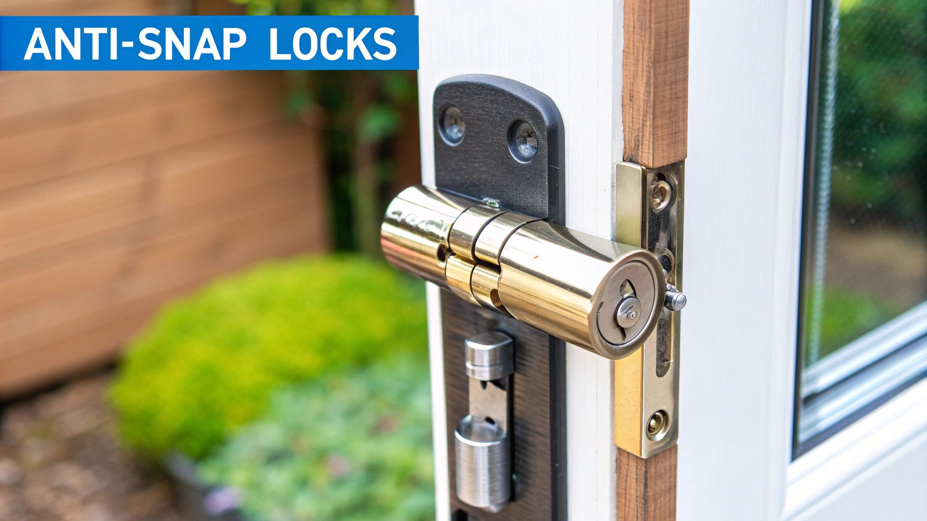 A detailed, close-up shot of an anti snap door lock installed in a modern door.