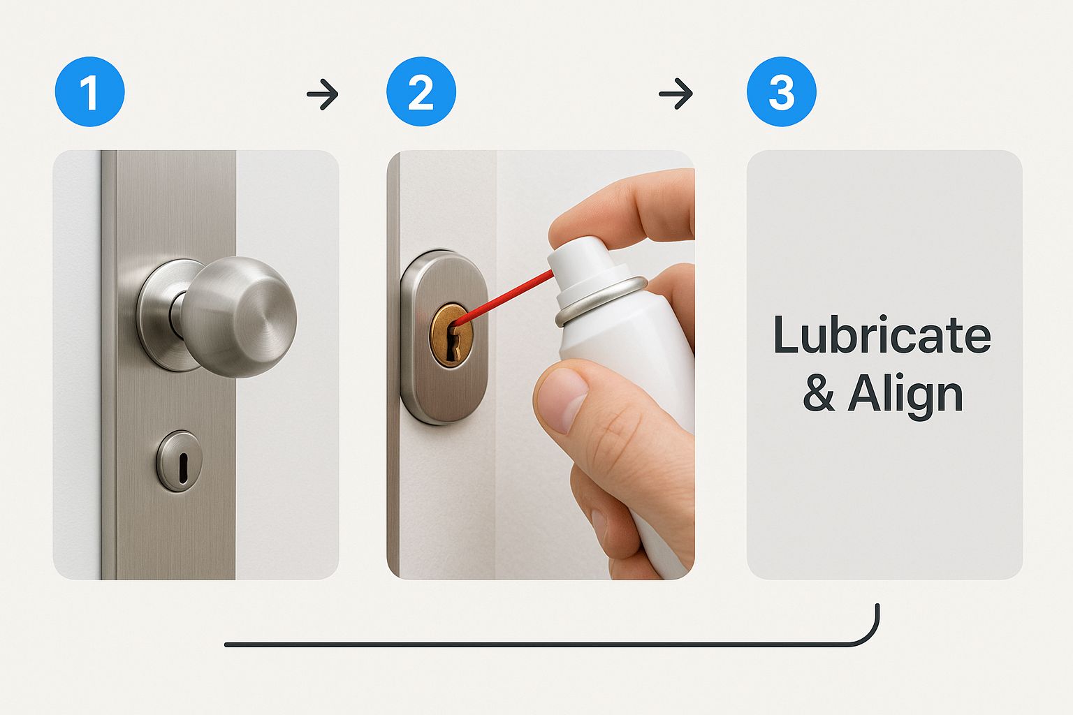 An infographic showing a hand applying lubricant to a lock cylinder with the text 'Lubricate & Align' below.