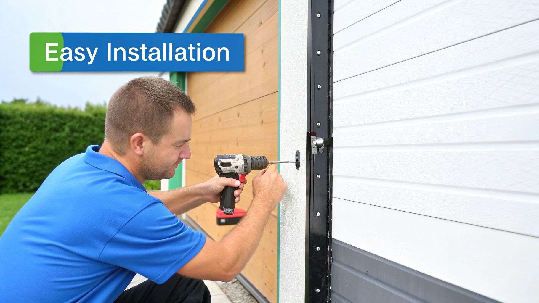 A garage door specialist correctly installing a new lock.