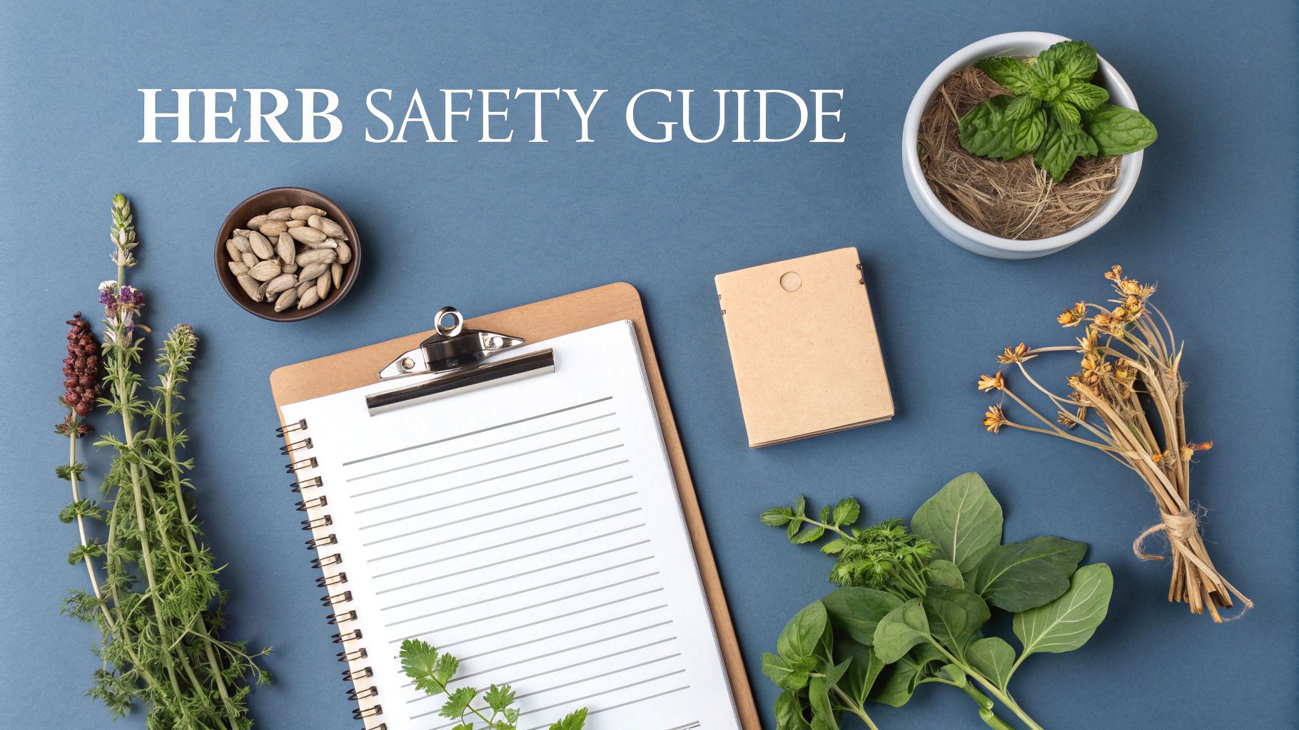 A flat lay of various herbs, seeds, a clipboard, and a box on a blue background, titled 'HERB SAFETY GUIDE'.