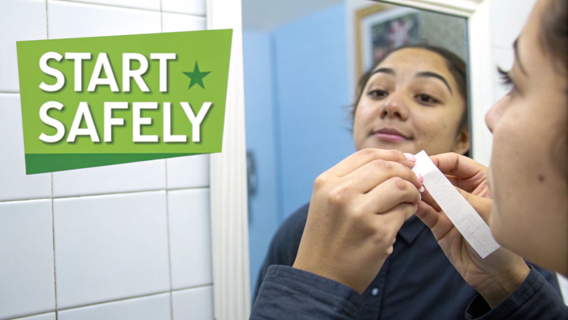 A person looks into a mirror, holding a white paper strip, with a 'START SAFELY' sign.