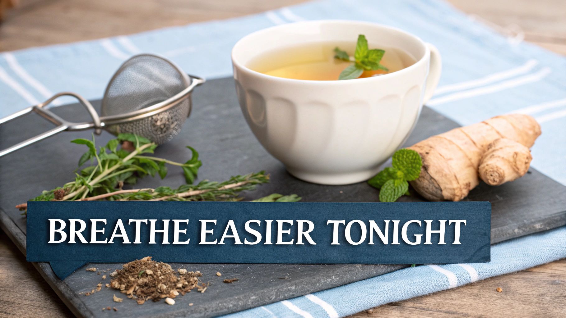 Herbal tea with mint and ginger, along with a tea strainer and herbs, promoting easier breathing.