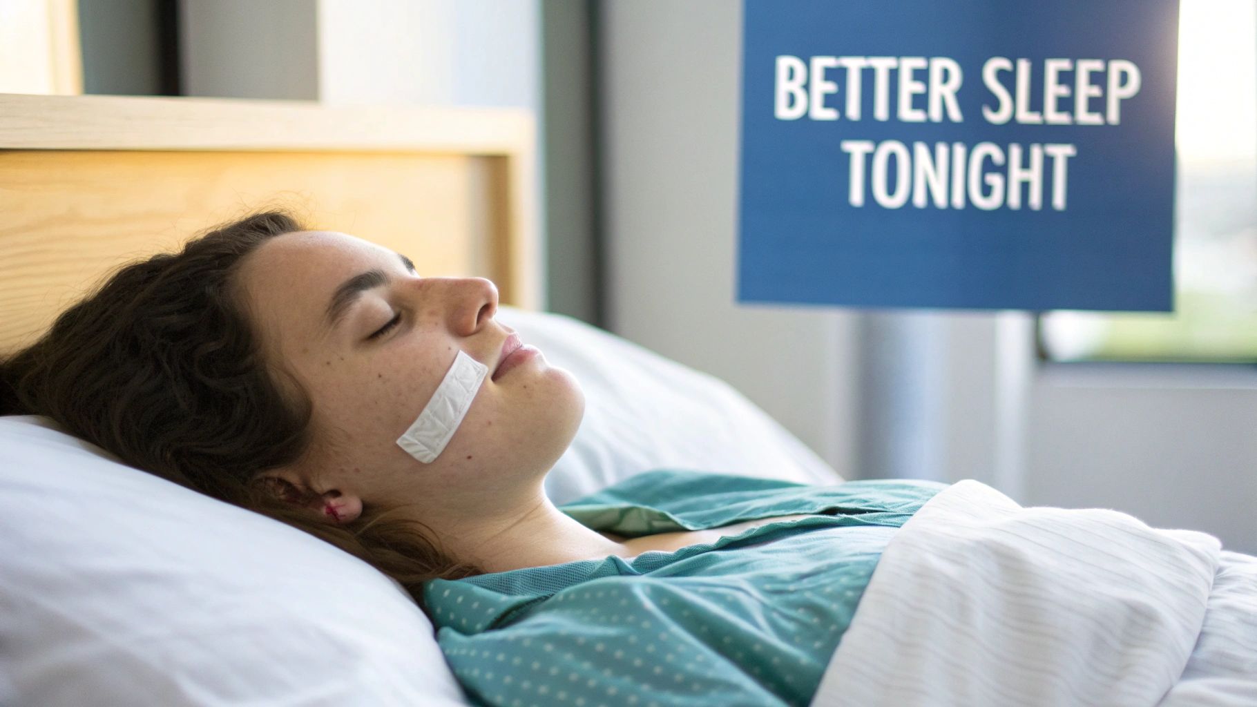 A young person sleeps in bed with mouth tape, next to a 'Better Sleep Tonight' sign.
