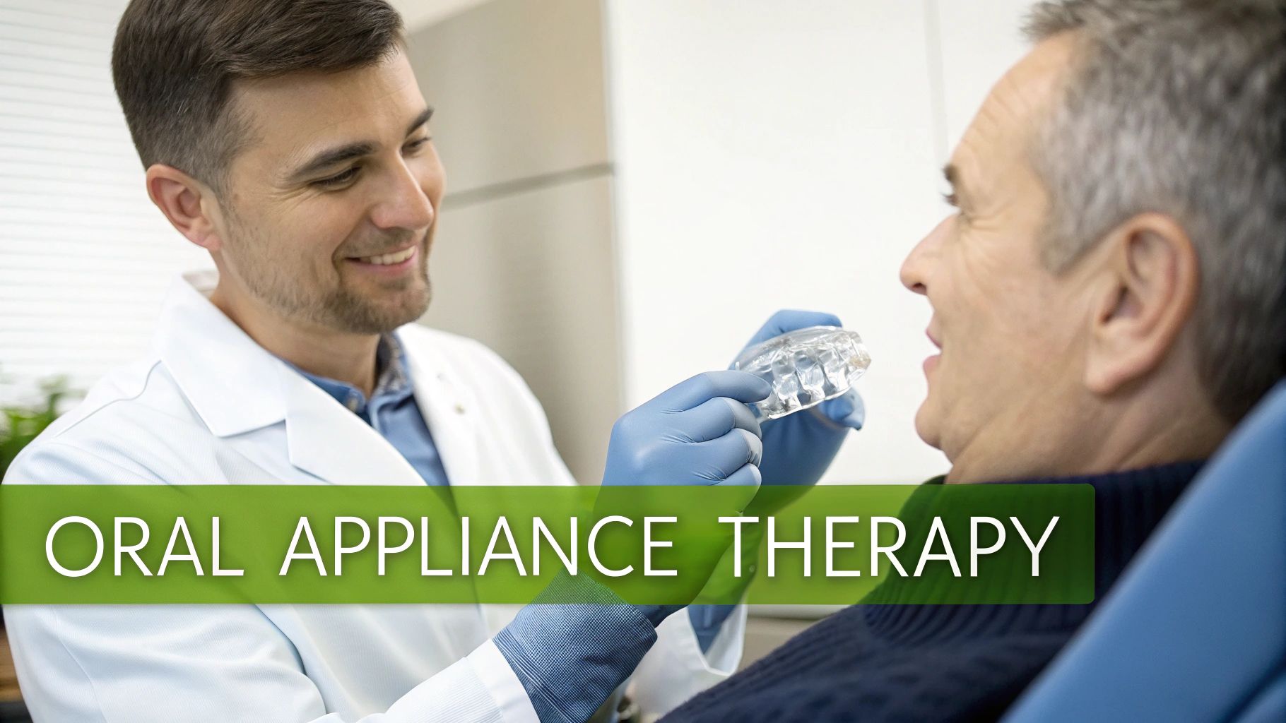 Smiling dentist in white coat and blue gloves shows clear oral appliance to a male patient.