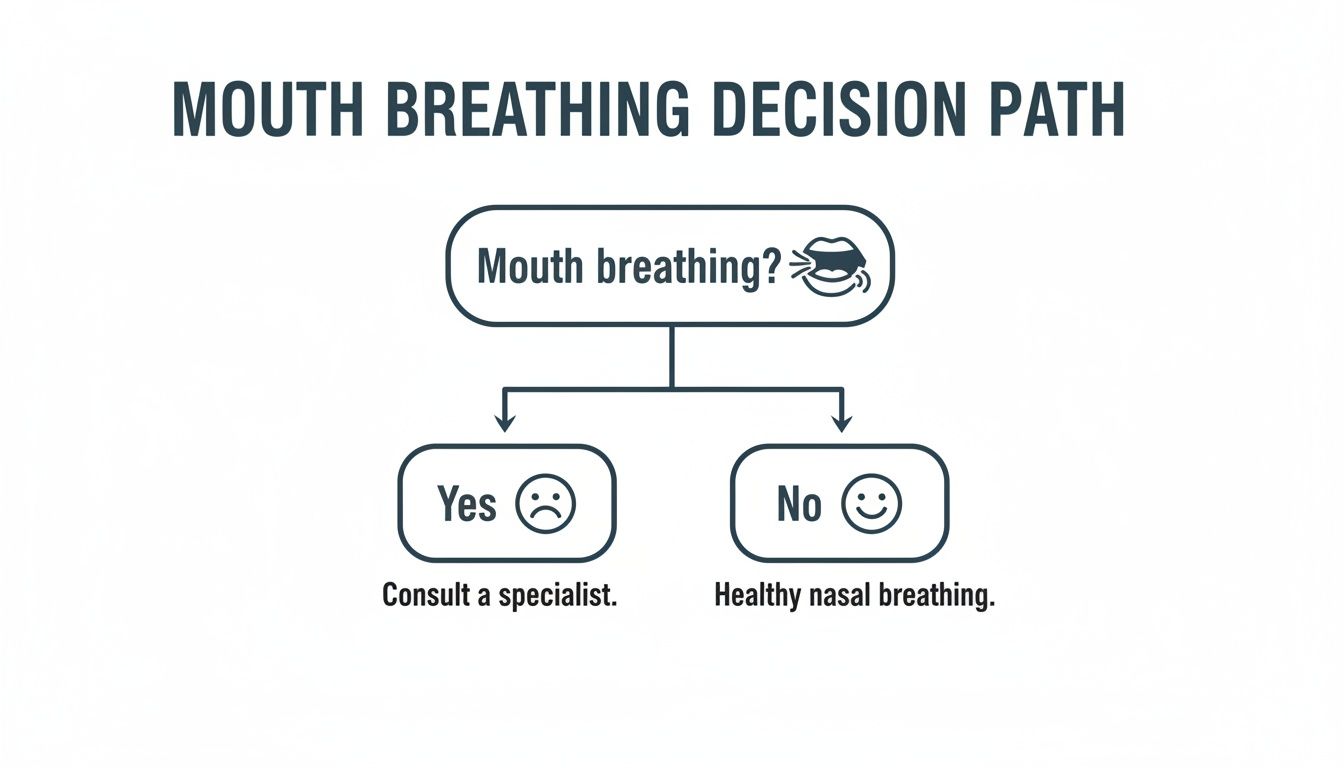A decision path flowchart illustrating whether one is mouth breathing, leading to consulting a specialist or healthy nasal breathing.