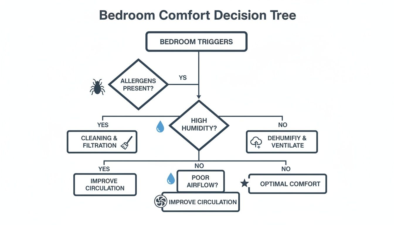 A bedroom comfort decision tree flowchart with steps for addressing allergens, high humidity, and poor airflow.