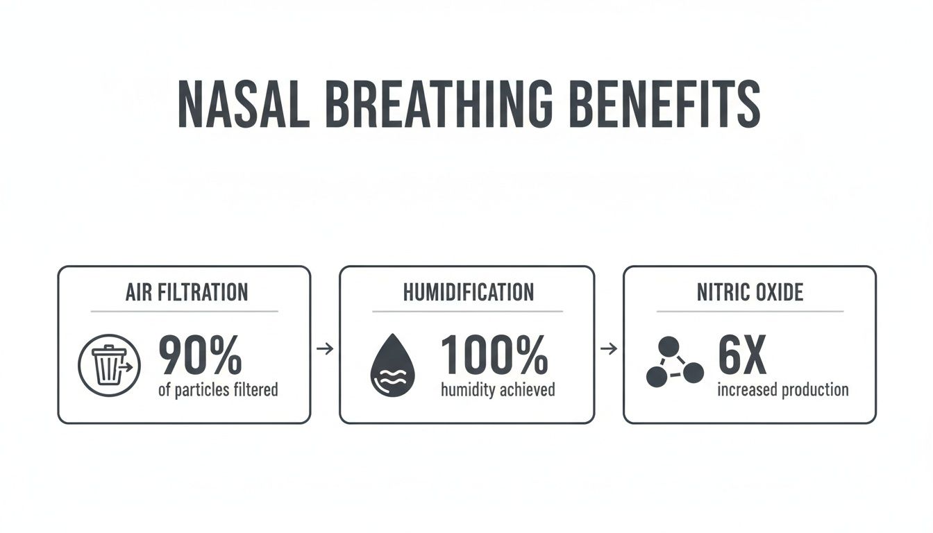Infographic illustrating the benefits of nasal breathing: 90% air filtration, 100% humidification, and 6x nitric oxide production.