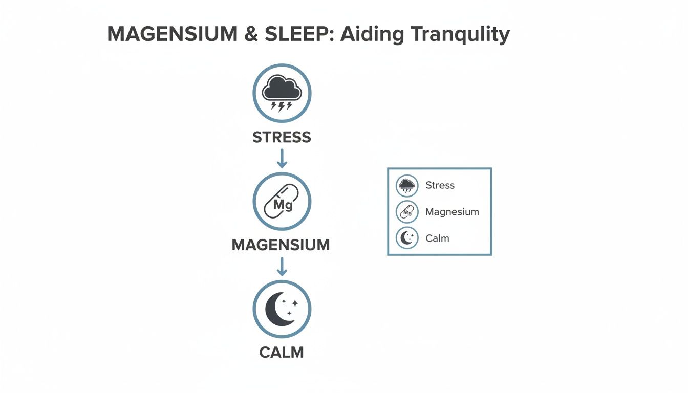 A flowchart infographic titled 'Magnesium & Sleep' illustrates how magnesium aids tranquility by reducing stress and promoting calm.