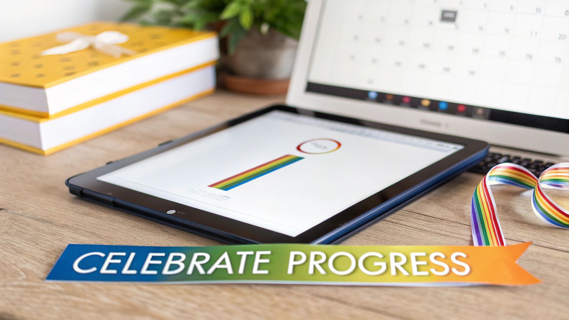 A tablet showing a rainbow design, laptop, books, and a 'Celebrate Progress' banner on a desk.