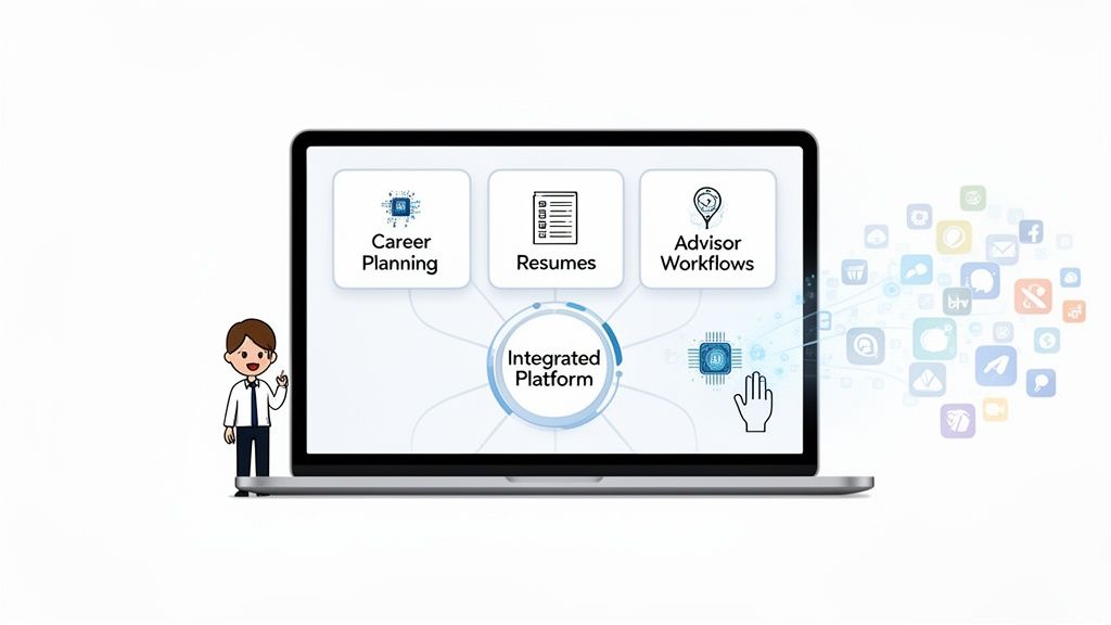 Integrated platform displaying career planning, resumes, and advisor workflows for student success.
