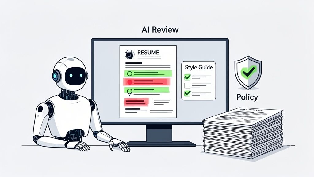 An AI robot reviews resumes on a screen, using a style guide and policy to identify areas for improvement.