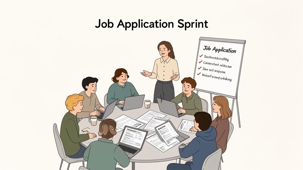 A group of young adults collaborates on job applications, guided by a presenter in a sprint session.