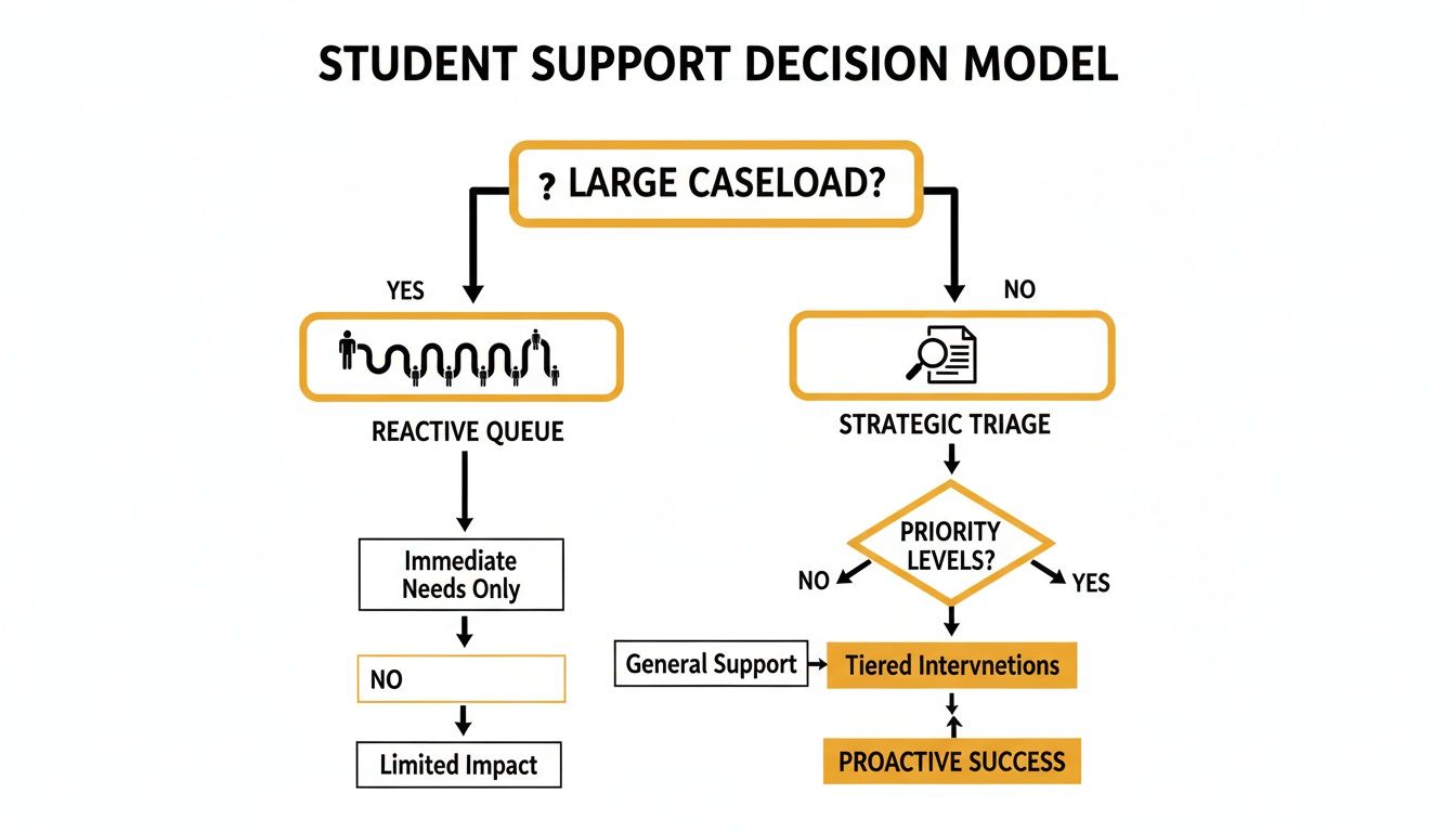 Flowchart outlining a student support decision model, comparing reactive queues to proactive strategic triage.