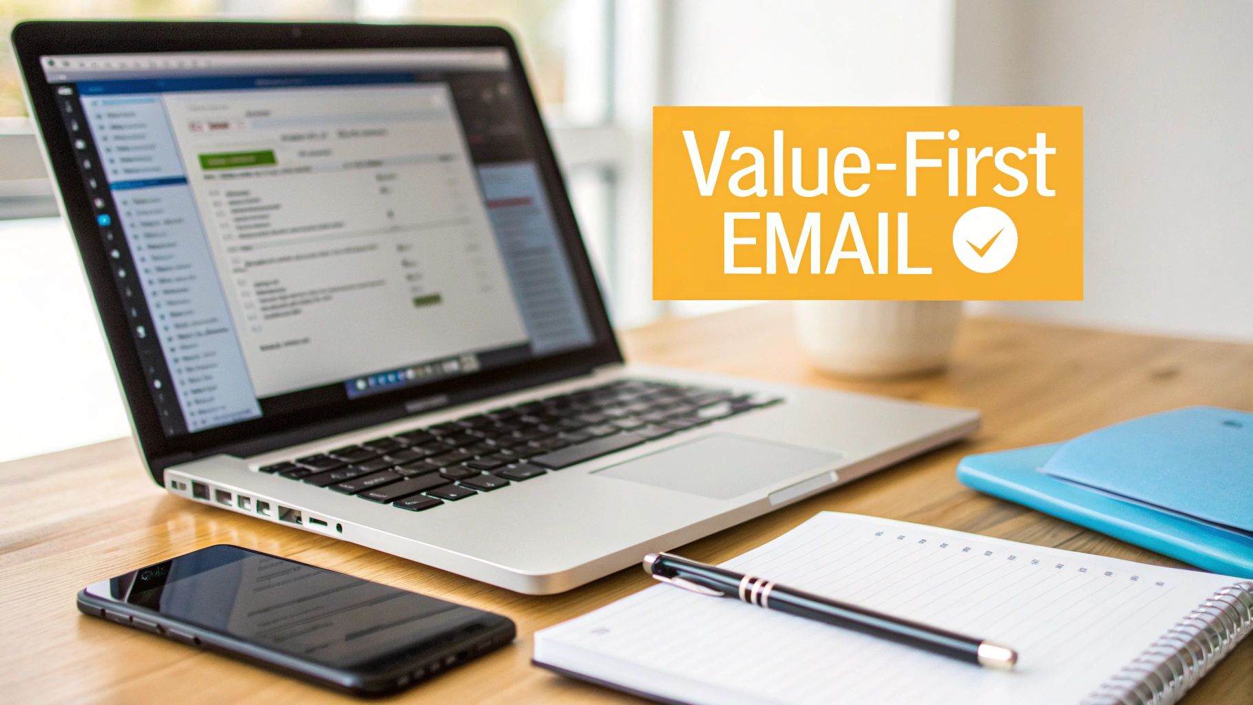 A laptop on a wooden desk displays an email client, with a smartphone, notebook, and pen beside it, featuring an overlay 'Value-First EMAIL'.