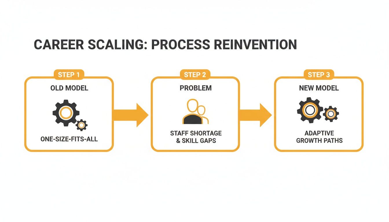 A three-step diagram illustrating career scaling process reinvention from old models to adaptive growth paths.