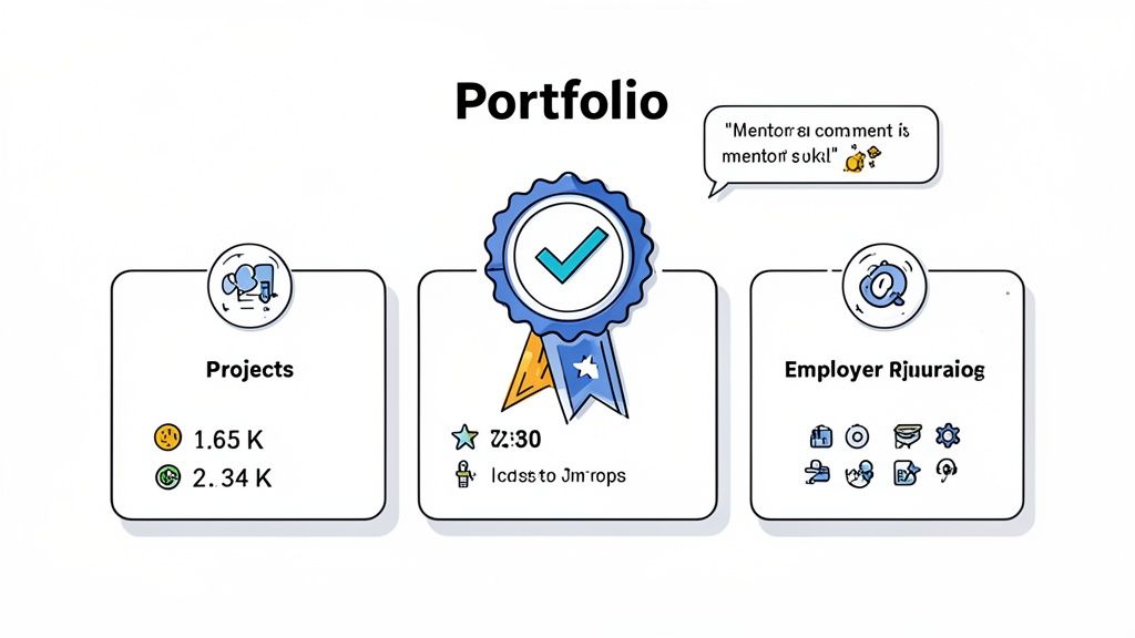 Illustrated career portfolio dashboard with sections for projects, awards, and employer information.