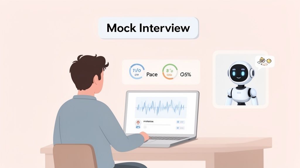 A man practices for an interview with an AI on a laptop, displaying performance metrics and a friendly robot.