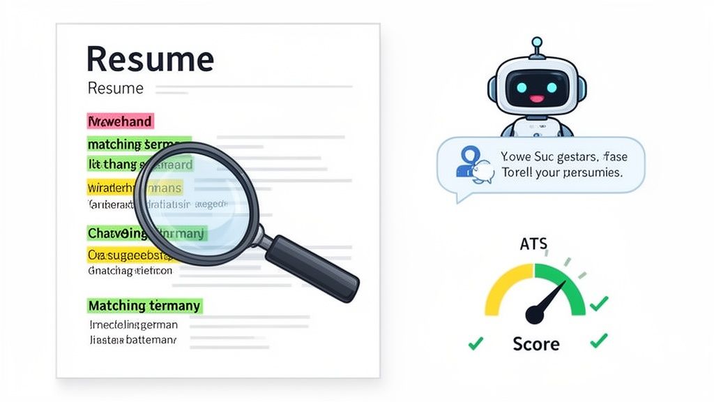 A resume with highlighted keywords is reviewed by a magnifying glass, AI robot, and ATS score meter.